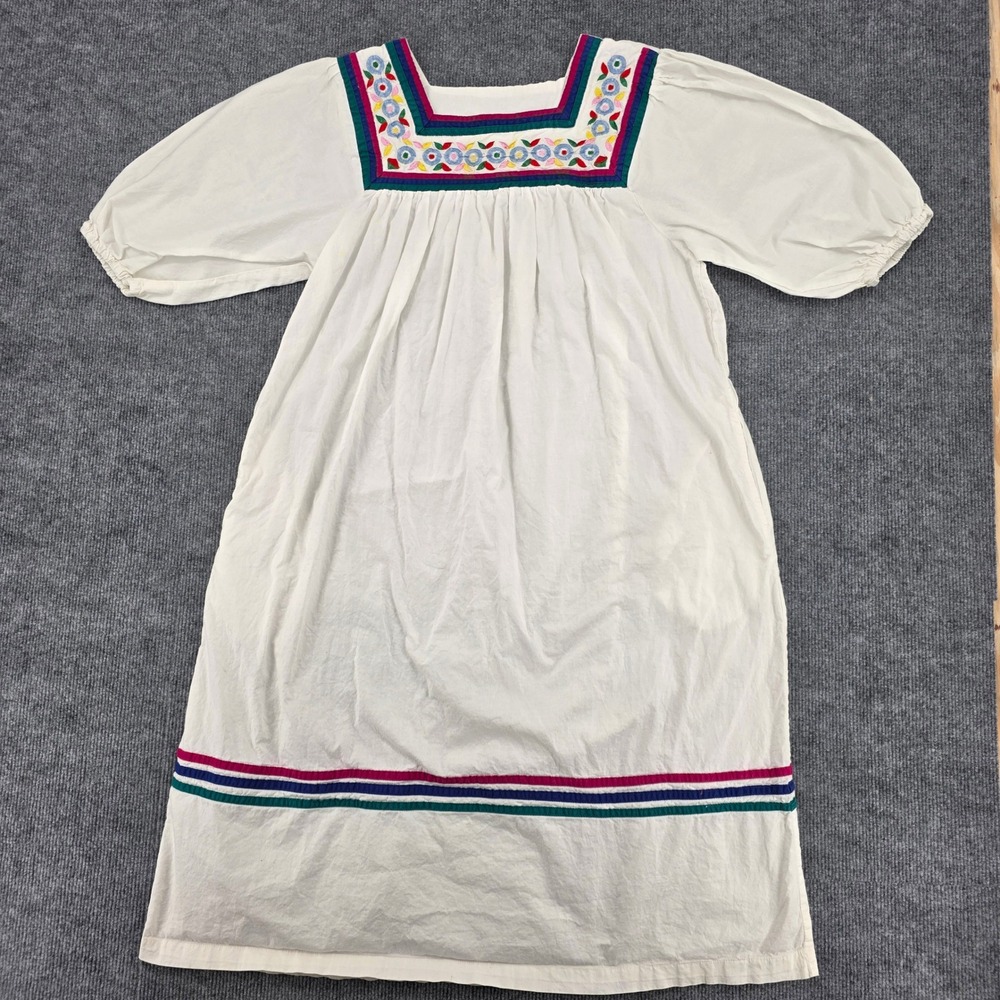 Vintage Naqui White Cotton Embroidered Boho Midi Dress Square Neck Womens Medium